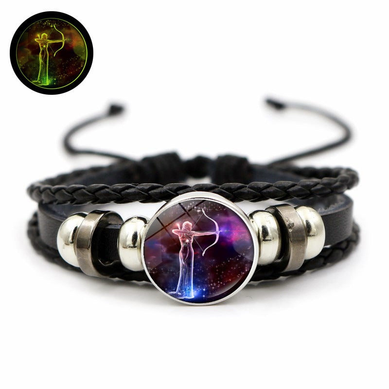 Doce de la constelación al por mayor brillo de piedra en la oscura pulsera de cuero con cuentas tejidas a mano